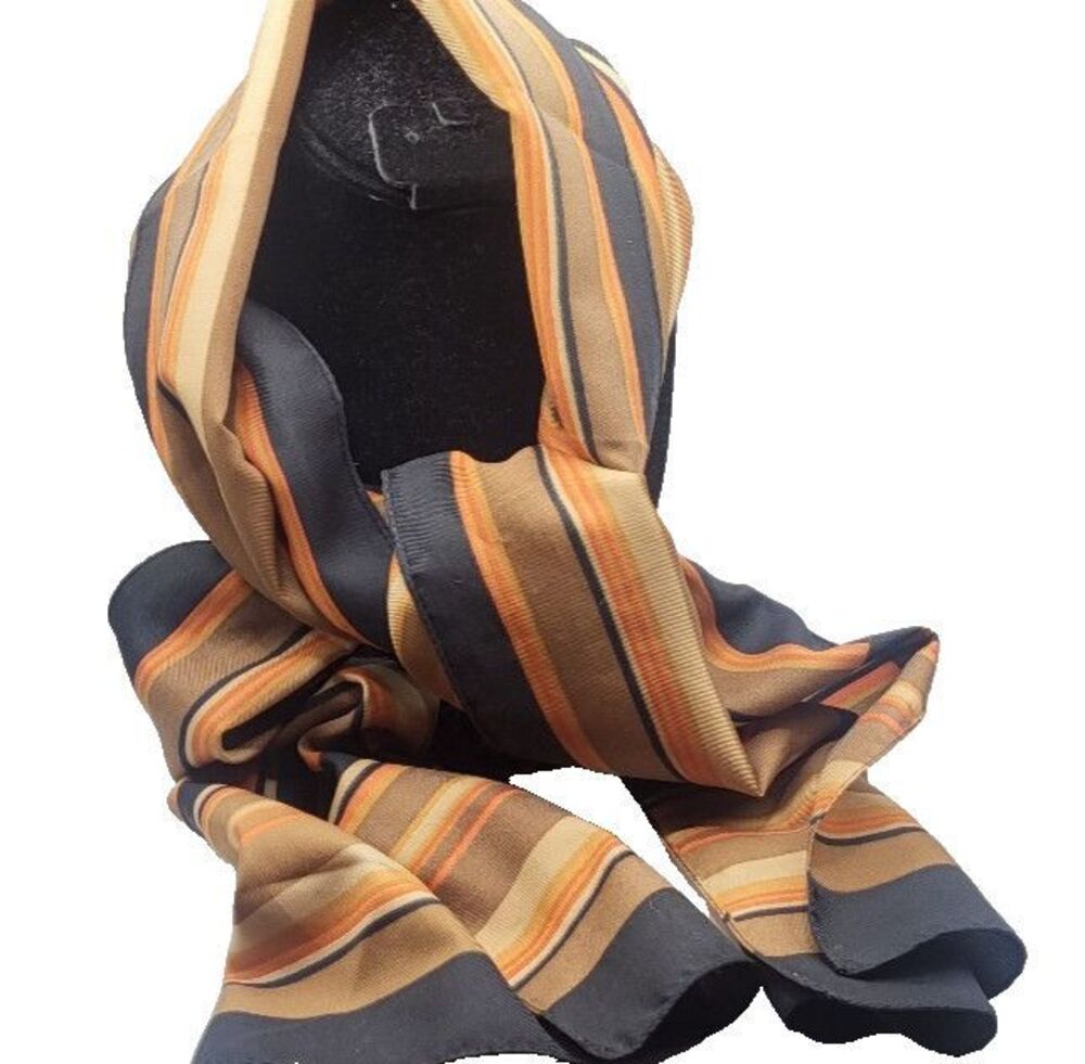 Vintage 70s Brown Orange Striped Scarf Silk 54in long by 11in